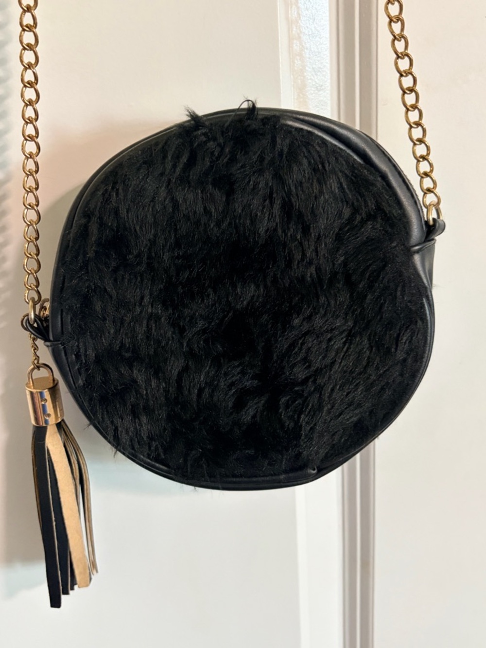 Black Faux-Fur Crossbody Bag with Tassel
